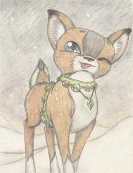 Size: 1718x2237 | Tagged: safe, artist:cindertale, oc, oc only, oc:cinder, deer, :p, collar, deer oc, ear fluff, female, jewelry, necklace, one eye closed, outdoors, red nose, snow, solo, tongue out, traditional art, wink