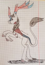 Size: 2557x3709 | Tagged: safe, artist:agdapl, kirin, crossover, graph paper, high res, hoof fluff, horn, kirin-ified, leonine tail, male, medic, medic (tf2), rearing, signature, smiling, solo, species swap, team fortress 2, traditional art