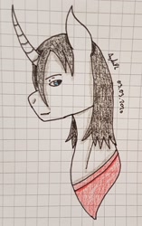 Size: 1585x2524 | Tagged: safe, artist:agdapl, pony, unicorn, bust, clothes, crossover, graph paper, horn, male, nurse, ponified, signature, solo, stallion, team fortress 2, traditional art