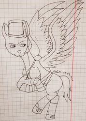 Size: 2473x3481 | Tagged: safe, artist:agdapl, pegasus, pony, clothes, crossover, flying, graph paper, hat, headset, high res, lineart, looking up, ponified, scout (tf2), signature, solo, team fortress 2, traditional art, wings