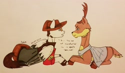 Size: 3303x1938 | Tagged: safe, artist:agdapl, deer, pegasus, pony, antlers, clothes, crossover, deerified, dialogue, duo, hat, male, ponified, signature, sniper, sniper (tf2), species swap, stallion, team fortress 2, traditional art, two toned wings, wings