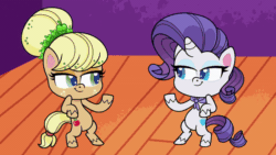 Size: 800x450 | Tagged: safe, screencap, applejack, rarity, earth pony, pony, unicorn, g4.5, mad props, my little pony: pony life, spoiler:pony life s02e24, alternate hairstyle, animated, bipedal, clothes, cute, eyes closed, freckles, gif, looking at each other, scarf, smiling