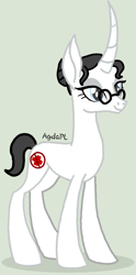 Size: 596x1200 | Tagged: safe, artist:agdapl, pony, unicorn, base used, eyelashes, female, glasses, gray background, grin, horn, mare, medic, medic (tf2), rule 63, signature, simple background, smiling, solo, team fortress 2