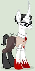 Size: 596x1200 | Tagged: safe, alternate version, artist:agdapl, pony, unicorn, base used, blood, clothes, eyelashes, female, glasses, gray background, grin, horn, mare, medic, medic (tf2), necktie, rule 63, signature, simple background, smiling, solo, team fortress 2