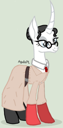 Size: 596x1200 | Tagged: safe, alternate version, artist:agdapl, pony, unicorn, base used, boots, clothes, eyelashes, female, glasses, gray background, grin, horn, mare, medic, medic (tf2), necktie, rule 63, shoes, signature, simple background, smiling, solo, team fortress 2