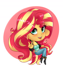 Size: 1600x1800 | Tagged: safe, artist:albertbm, sunset shimmer, equestria girls, g4, abstract background, blushing, breasts, busty sunset shimmer, chibi, cleavage, cute, open mouth, peace sign, shimmerbetes, simple background, white background