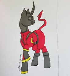 Size: 2796x3051 | Tagged: safe, artist:agdapl, pony, unicorn, boots, clothes, crossover, gas mask, high res, horn, looking back, male, mask, ponified, pyro (tf2), raised hoof, shoes, signature, solo, stallion, team fortress 2, traditional art