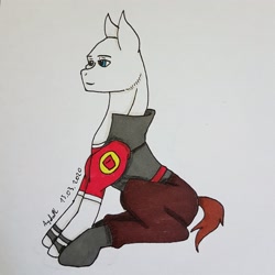 Size: 2388x2388 | Tagged: safe, artist:agdapl, earth pony, pony, clothes, crossover, heavy weapons guy, high res, horn, male, ponified, signature, sitting, solo, stallion, team fortress 2, traditional art