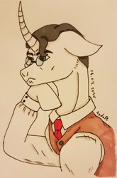Size: 1817x2748 | Tagged: safe, artist:agdapl, pony, unicorn, bust, clothes, crossover, glasses, horn, male, medic, medic (tf2), necktie, ponified, raised hoof, signature, solo, stallion, team fortress 2, thinking, traditional art