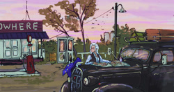 Size: 1280x683 | Tagged: safe, alternate version, artist:agm, trixie, human, g4, buick, buick roadmaster, car, female, gas station, hat, humanized, solo, wandering trixie