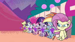 Size: 1280x720 | Tagged: safe, screencap, applejack, fluttershy, pinkie pie, rainbow dash, rarity, twilight sparkle, alicorn, earth pony, pegasus, pony, unicorn, g4.5, journey to the center of the 'cord, my little pony: pony life, evil smile, grin, mane six, potion, shrinking potion, sitting, smiling, twilight sparkle (alicorn)