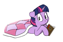 Size: 845x565 | Tagged: safe, artist:s.l.guinefort, color edit, edit, editor:vedont, twilight sparkle, pony, unicorn, g4, blanket, book, colored, female, looking at you, mare, simple background, sketch, solo, white background