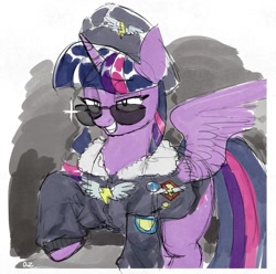 Size: 1749x1735 | Tagged: dead source, safe, artist:z_am_z, commander easy glider, twilight sparkle, alicorn, pony, g4, testing testing 1-2-3, ancient wonderbolts uniform, badge, bomber jacket, clothes, female, grin, gritted teeth, hat, horn, jacket, mare, patch, raised hoof, sexy, signature, smiling, solo, spread wings, sunglasses, teeth, twilight sparkle (alicorn), uniform, wing hole, wings, wonderbolts uniform, wondersparkle