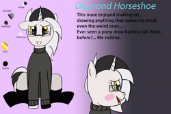 Size: 3600x2400 | Tagged: safe, artist:bestponies, oc, oc only, oc:diamond horseshoe, pony, unicorn, blushing, clothes, female, front view, glasses, happy, high res, looking at you, mare, reference sheet, simple background, smiling, socks, sweater, text