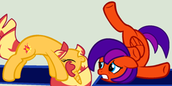 Size: 1000x500 | Tagged: safe, artist:jadeharmony, artist:rachelclaraart, sunset shimmer, oc, oc:jade harmony, pegasus, pony, unicorn, g4, base used, duo, eyes closed, female, gray background, gritted teeth, mare, simple background, stretching, yoga, yoga mat