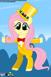 Size: 1000x1500 | Tagged: safe, artist:thread8, fluttershy, pony, g4, bipedal, clothes, costume, crossover, gold, golf, golf blitz, hat, solo, sports, top hat, tux