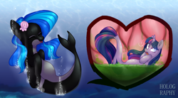 Size: 2770x1524 | Tagged: safe, artist:holographichornybun, twilight sparkle, oc, oc:marina (efnw), orca, orca pony, original species, sea pony, seapony (g4), whale pony, g4, belly, eaten alive, everfree northwest, exclamation point, eyes closed, female, horn, inside stomach, internal, open mouth, predator, prey, preylight, seaponified, seapony twilight, shell, signature, species swap, stomach acid, underwater, vore, whalepony, wide eyes