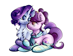 Size: 3947x3013 | Tagged: safe, artist:coco-drillo, rarity, suri polomare, earth pony, pony, unicorn, g4, alternate hairstyle, bedroom eyes, chest fluff, clothes, couple, cuddling, ear fluff, female, high res, holding hooves, leaning, lesbian, looking at each other, lying down, scarf, shipping, simple background, smiling, socks, stockings, striped socks, surity, thigh highs, transparent background