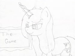 Size: 1280x950 | Tagged: safe, artist:rosedraws, oc, oc:rose glow, pony, unicorn, female, grayscale, magic, magic aura, monochrome, pencil drawing, sign, solo, the game, traditional art