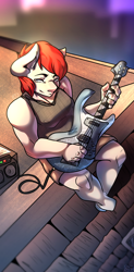 Size: 1080x2200 | Tagged: safe, artist:misfit, oc, oc:bolt, earth pony, anthro, amplifier, bass guitar, chubby, earth pony oc, fishnet stockings, guitar, looking at you, male, male oc, musical instrument, phone wallpaper, red mane, rooftop, sitting, solo