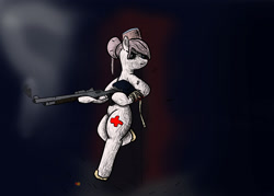 Size: 2100x1500 | Tagged: safe, artist:hemlock conium, nurse redheart, earth pony, semi-anthro, g4, arm hooves, blood, colored, digital art, female, gun, mare, practice, shotgun, simple background, solo, weapon