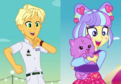 Size: 1506x1050 | Tagged: safe, edit, edited screencap, screencap, princess thunder guts, ragamuffin (g4), supernova zap, dog, equestria girls, g4, lost and pound, lost and pound: spike, my little pony equestria girls: choose your own ending, my little pony equestria girls: spring breakdown, clothes, comparison, crack shipping, cropped, cute, female, freckles, happy, heart, hug, male, puppy, raganova, shipping, shipping domino, smiling, straight, su-z, su-z-betes