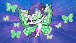 Size: 2048x1155 | Tagged: safe, screencap, rarity, butterfly, pony, unicorn, communication shakedown, g4.5, my little pony: pony life, butterfly wings, eyes closed, glowing horn, green wings, horn, magic, magic aura, showing off, wings
