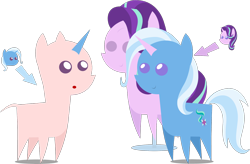 Size: 2580x1689 | Tagged: safe, artist:estories, edit, editor:slayerbvc, vector edit, starlight glimmer, trixie, pony, unicorn, g4, :o, bald, casual nudity, dot eyes, female, furless, furless edit, implied narcissism, mare, nudity, open mouth, pointy ponies, ponyquin, ponysuit, simple background, starlight glimmer suit, transparent background, vector