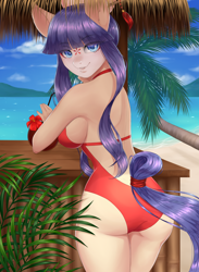Size: 2200x3000 | Tagged: safe, artist:winnigrette, oc, oc only, earth pony, anthro, ass, beach, big breasts, breasts, butt, clothes, cloud, coconut, commission, digital art, female, food, high res, hut, looking at you, looking back, looking back at you, ocean, one-piece swimsuit, open-back swimsuit, rear view, sand, sideboob, sky, solo, swimsuit, tail, thighs, wide hips, ych result
