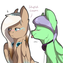 Size: 1487x1487 | Tagged: safe, artist:cookietasticx3, oc, oc only, oc:winter star, pegasus, pony, :p, beanie, bust, duo, eyes closed, hat, headphones, pegasus oc, talking, tongue out, unamused, wings