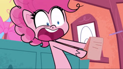 Size: 2048x1153 | Tagged: safe, screencap, pinkie pie, earth pony, pony, g4.5, my little pony: pony life, the rarest of occasions, spoiler:pony life s02e15, female, gasp, notebook, open mouth, pen, shocked, shocked expression, solo