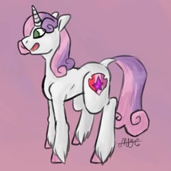 Size: 1064x1065 | Tagged: safe, artist:random_glitter_productions, sweetie belle, pony, unicorn, g4, cutie mark, female, filly, horn, open mouth, pink background, signature, simple background, smiling, solo, the cmc's cutie marks, unshorn fetlocks