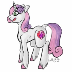 Size: 1054x1054 | Tagged: safe, alternate version, artist:random_glitter_productions, sweetie belle, pony, unicorn, g4, background removed, cutie mark, female, filly, horn, open mouth, signature, simple background, smiling, solo, the cmc's cutie marks, unshorn fetlocks, white background