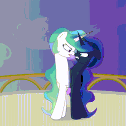 Size: 1080x1080 | Tagged: safe, artist:mlpconjoinment, princess celestia, princess luna, alicorn, pony, g4, alicorn princess, animated, argument, balcony, canterlot, canterlot castle, conjoined, conjoined royal sisters, dialogue, ethereal mane, ethereal tail, female, fused, fusion, gif, glowing, glowing horn, horn, magic, moon, raising the moon, raising the sun, siblings, sisters, sun, yelling