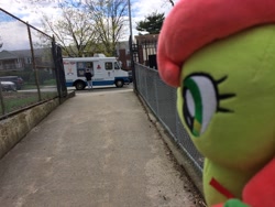Size: 3264x2448 | Tagged: safe, artist:topsangtheman, peachy sweet, earth pony, pony, g4, apple family member, high res, ice cream truck, irl, photo, plushie, solo