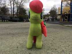 Size: 3264x2448 | Tagged: safe, artist:topsangtheman, peachy sweet, earth pony, pony, g4, apple family member, high res, irl, looking at you, photo, playground, plushie, solo