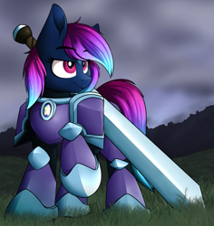 Size: 1593x1685 | Tagged: safe, artist:notetaker, oc, oc only, oc:astral empyrean, pegasus, pony, armor, female, solo, sword, weapon