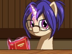 Size: 800x600 | Tagged: safe, artist:rangelost, oc, oc only, oc:plume (rangelost), pony, unicorn, cyoa:d20 pony, book, bust, female, glasses, library, looking at you, magic, mare, pixel art, solo, telekinesis