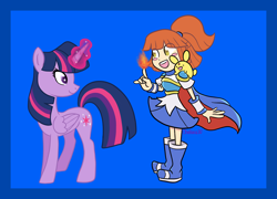 Size: 2600x1876 | Tagged: safe, artist:chelseawest, twilight sparkle, alicorn, human, g4, arle nadja, carbuncle (puyo puyo), colored background, crossover, fire, magic, magic aura, puyo puyo, twilight sparkle (alicorn)