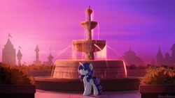 Size: 2650x1491 | Tagged: safe, artist:emeraldgalaxy, rarity, pony, unicorn, g4, alternate hairstyle, female, fountain, hooves, horn, mare, solo, sunset
