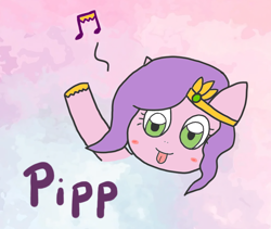 Size: 1020x860 | Tagged: safe, anonymous artist, pipp petals, pony, g5, abstract background, blushing, female, looking at you, music notes, raised hoof, solo, text, tongue out, unshorn fetlocks