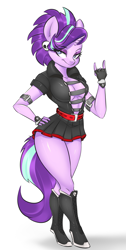 Size: 1007x2000 | Tagged: safe, artist:kennzeichen, gameloft, starlight glimmer, unicorn, anthro, unguligrade anthro, g4, alternate hairstyle, breasts, busty starlight glimmer, cleavage, clothes, ear piercing, earring, edgelight glimmer, eyeshadow, female, gameloft interpretation, goth, jewelry, makeup, miniskirt, piercing, skirt, skull, solo, thighs