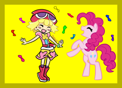 Size: 2600x1876 | Tagged: safe, artist:chelseawest, pinkie pie, human, g4, amitie, blush sticker, blushing, colored background, confetti, crossover, puyo puyo