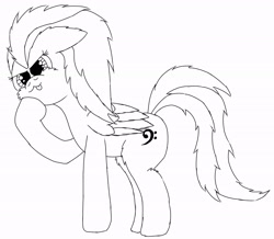 Size: 2670x2330 | Tagged: safe, artist:akscythe, oc, pegasus, pony, black and white, cross-eyed, grayscale, high res, hoof on cheek, monochrome, pegasus oc, simple background, tongue out