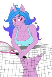 Size: 1400x2100 | Tagged: safe, artist:zachc, izzy moonbow, unicorn, anthro, g5, breasts, cleavage, clothes, female, holding, signature, simple background, skirt, solo, tennis racket, white background, wip