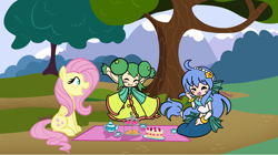 Size: 6698x3747 | Tagged: safe, artist:chelseawest, fluttershy, humanoid, mermaid, g4, blush sticker, blushing, cake, crossover, cup, food, horns, lidelle, picnic, puyo puyo, serilly, seriri, teacup, teapot