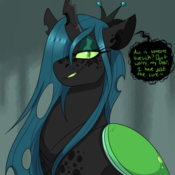 Size: 3000x3000 | Tagged: safe, artist:gingygin, queen chrysalis, changeling, changeling queen, g4, dialogue, female, hair over one eye, high res, lidded eyes, looking at you, solo, speech bubble, talking to viewer