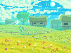 Size: 800x600 | Tagged: safe, artist:rangelost, oc, oc only, oc:floral grace, oc:monsoon, earth pony, pegasus, pony, cyoa:d20 pony, cloud, female, fence, field, flower, house, male, mare, outdoors, pixel art, sky, stallion