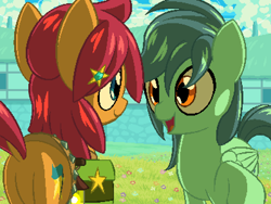 Size: 800x600 | Tagged: safe, artist:rangelost, oc, oc only, oc:monsoon, oc:trailblazer, earth pony, pegasus, pony, cyoa:d20 pony, bag, butt, cloud, dock, duo, female, flower, grass, house, looking at each other, mare, pixel art, plot, raised hoof, rear view, saddle bag, sky, smiling, talking