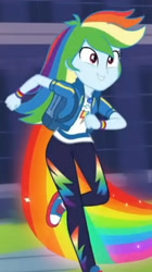 Size: 1920x3423 | Tagged: safe, screencap, rainbow dash, equestria girls, g4, my little pony equestria girls: better together, run to break free, backpack, clothes, converse, cropped, cute, cutie mark, cutie mark on clothes, dashabetes, female, geode of super speed, hoodie, jewelry, magical geodes, necklace, rainbow trail, running, shoes, smiling, solo